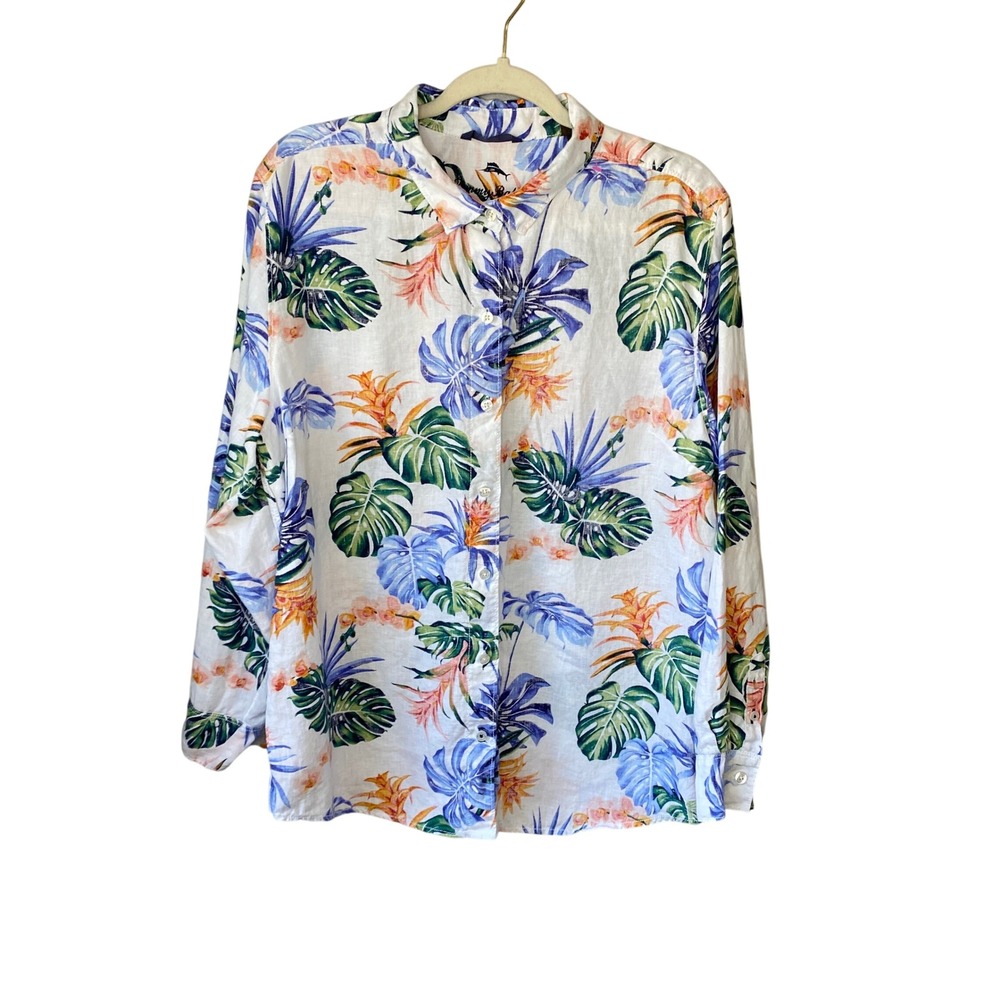 Tommy Bahama Womens XL White Tropical Floral Linen Button Down Shirt Long Sleeve